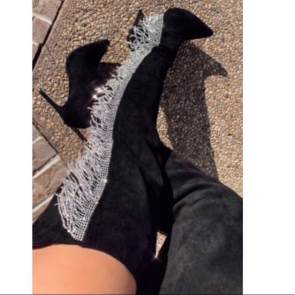 Pointy Toe OTK Boots w/ Rhinestone Fringe in Black - Picture 4 of 10